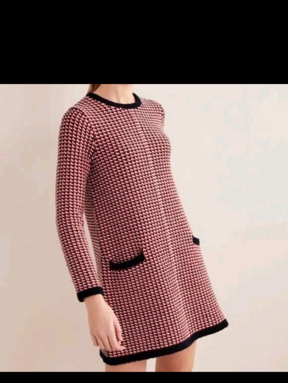 Boden Dress Womens 12 L Red Wool Alpaca Knit Jacquard Check Long Sleeve